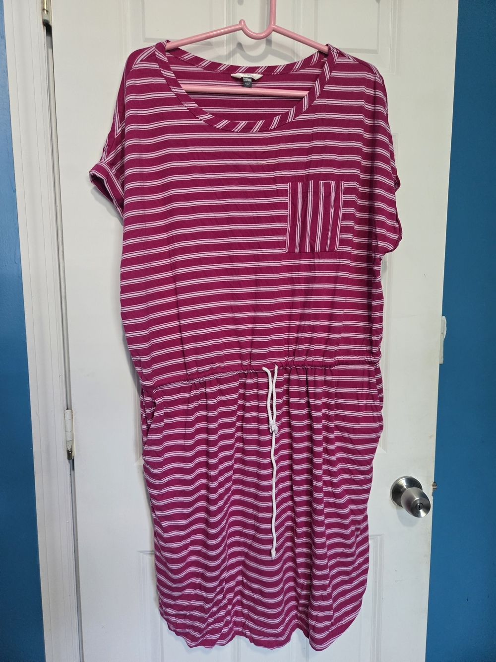 Striped Pink Drawstring Pocket Midi Dress